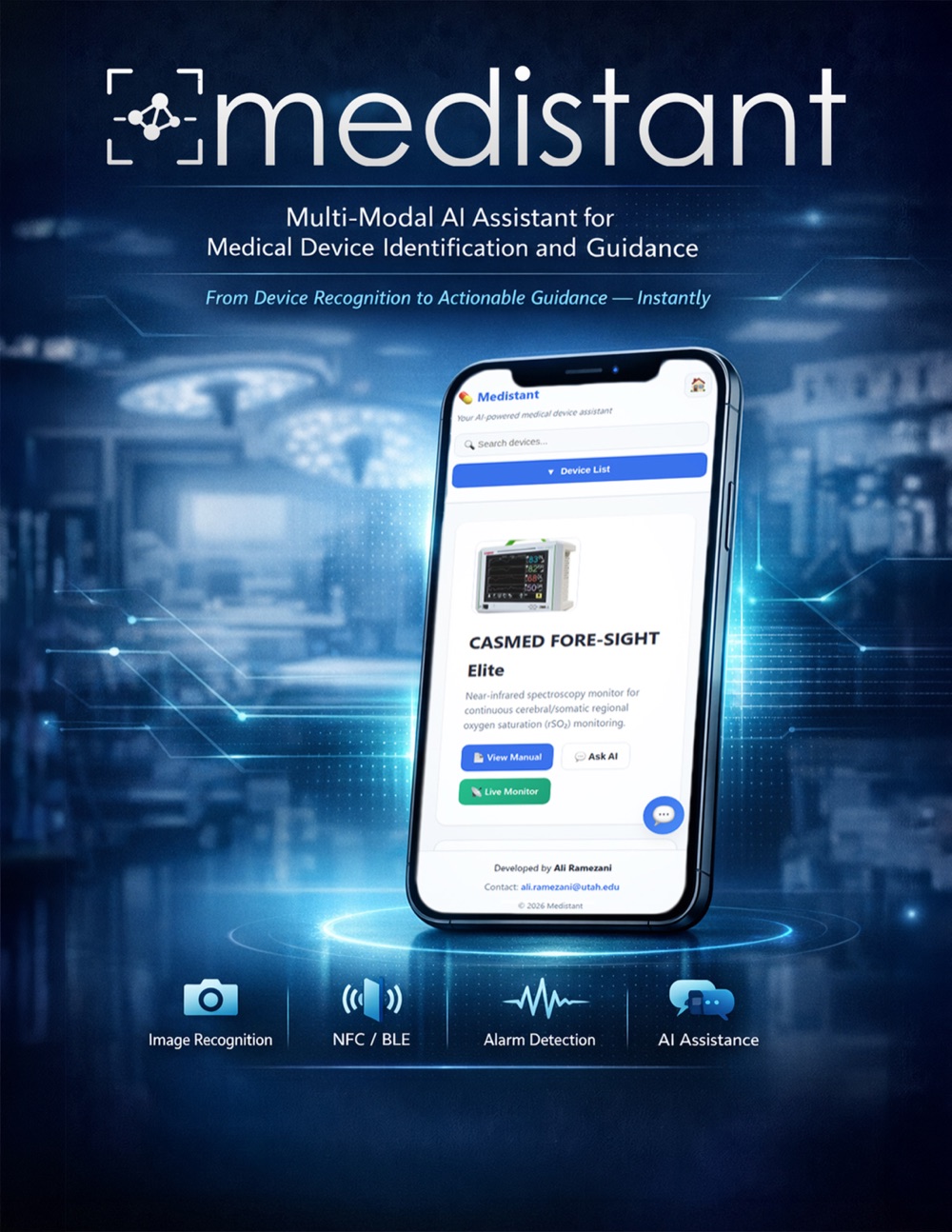Medistant mobile app showing a recognized medical device with its manual and AI assistant