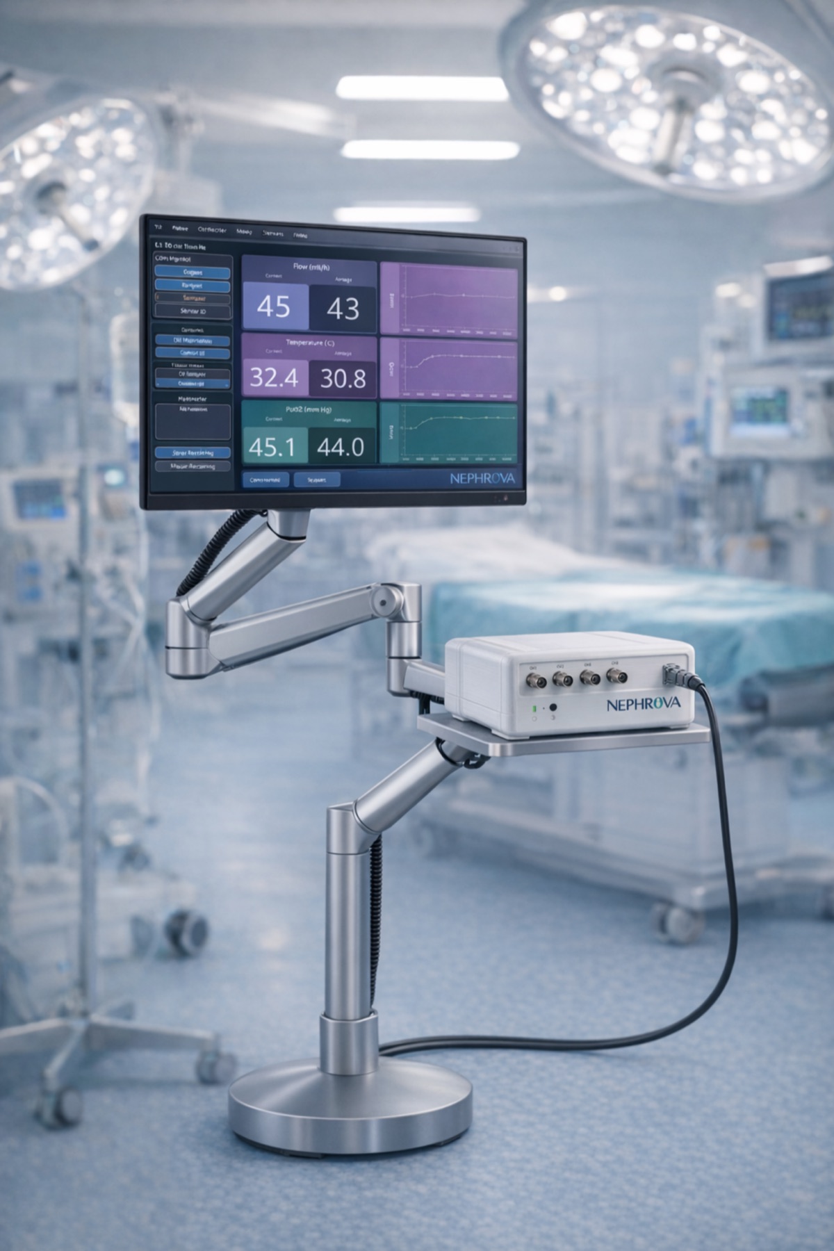 Nephrova intraoperative kidney-oxygenation monitor displaying urinary oxygen readings on an articulated arm in an operating room