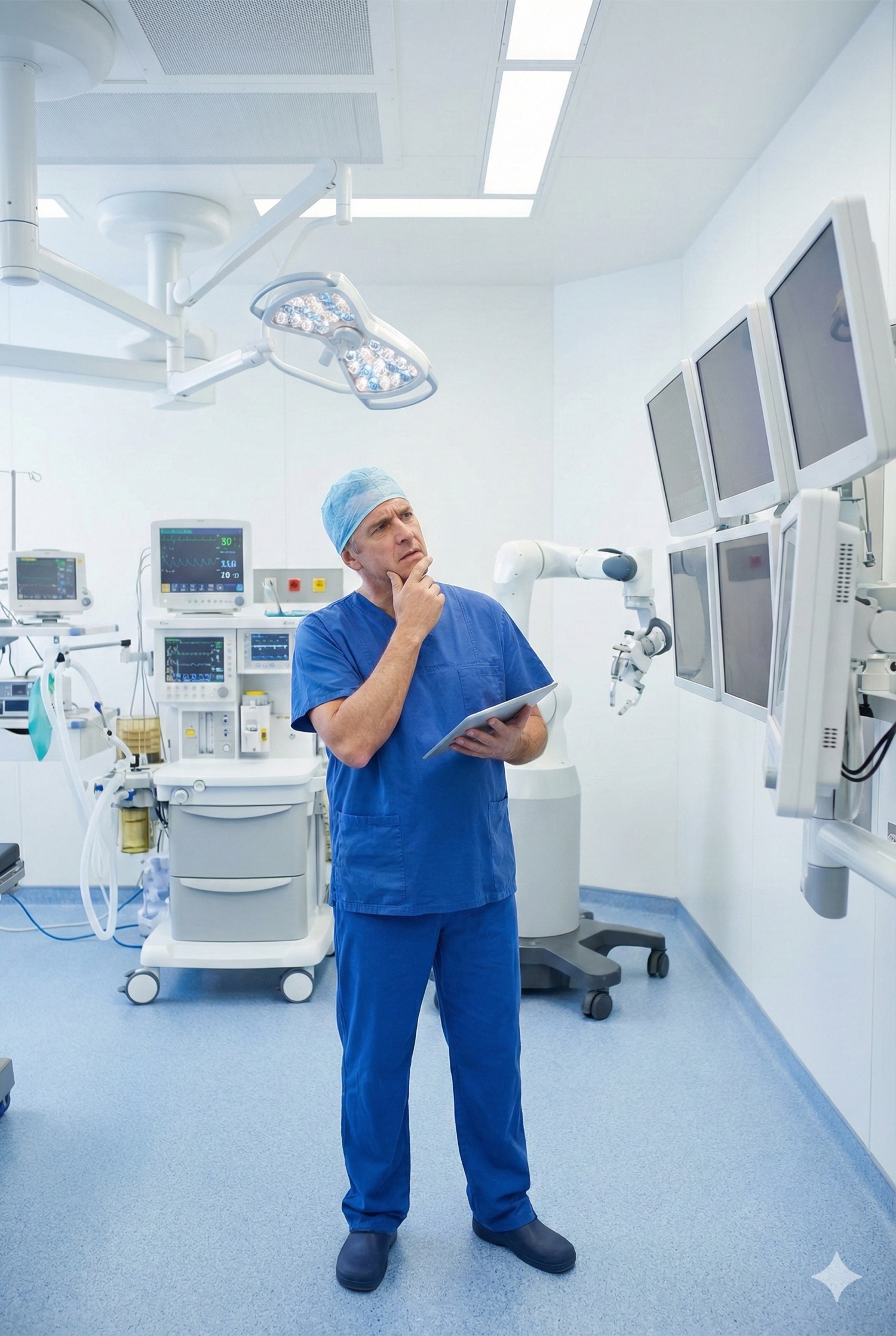 Clinician in scrubs in an operating room surrounded by monitors and anesthesia equipment